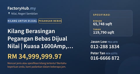 Kilang Untuk Dijual - Kilang Berasingan Pegangan Bebas Dijual Nilai | Kuasa 1600Amp, Siling 40 kaki - Nilai, Negeri Sembilan