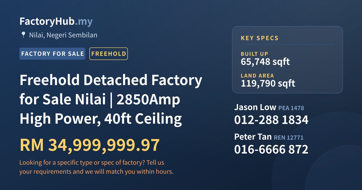 Factory For Sale - Freehold Detached Factory for Sale Nilai | 2850Amp High Power, 40ft Ceiling - Nilai, Negeri Sembilan