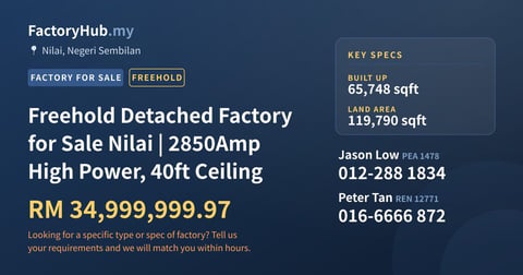Factory For Sale - Freehold Detached Factory for Sale Nilai | 2850Amp High Power, 40ft Ceiling - Nilai, Negeri Sembilan