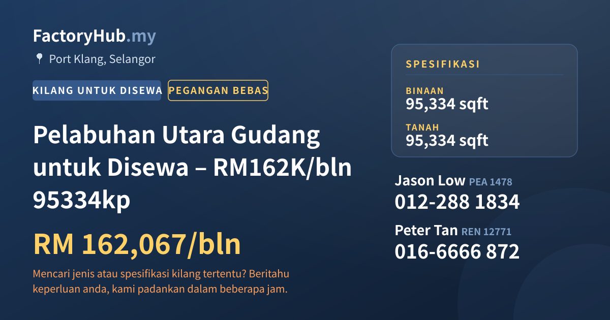 Kilang Untuk Disewa - Pelabuhan Utara Gudang untuk Disewa – RM162K/bln 95334kp - Port Klang, Selangor