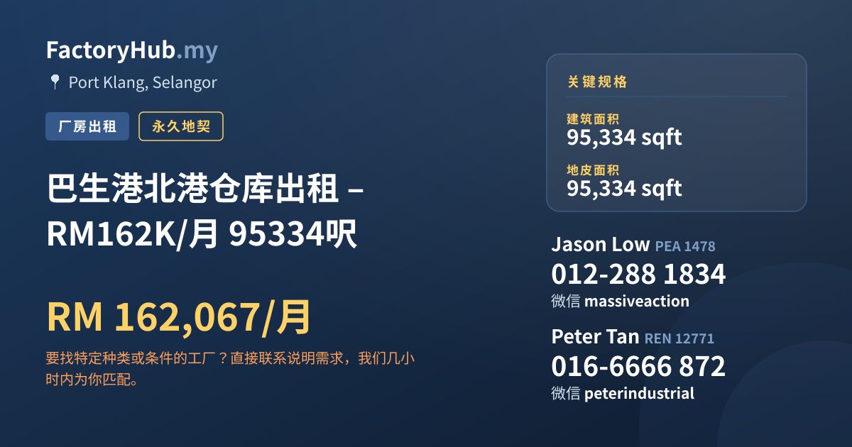 工厂 出租 - 巴生港北港仓库出租 – RM162K/月 95334呎 - Port Klang, Selangor