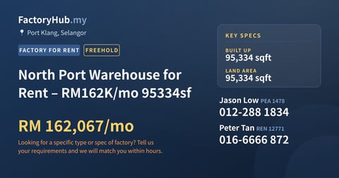 Factory For Rent - North Port Warehouse for Rent – RM162K/mo 95334sf - Port Klang, Selangor
