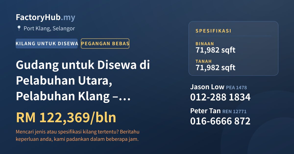 Kilang Untuk Disewa - Gudang untuk Disewa di Pelabuhan Utara, Pelabuhan Klang – RM122K/bln - Port Klang, Selangor