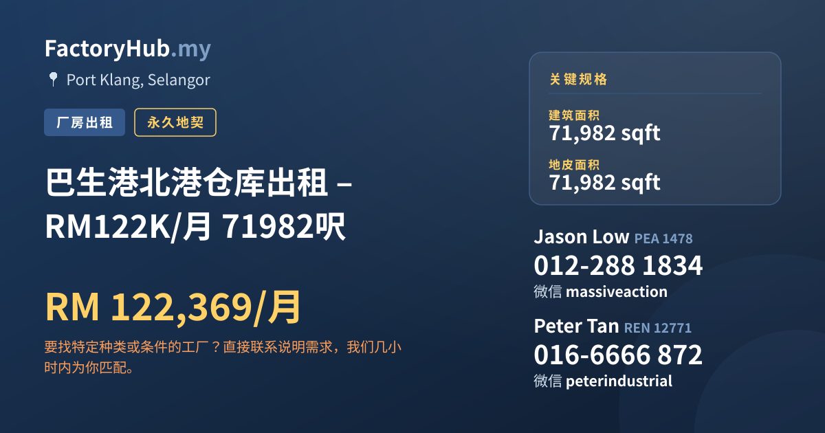 工厂 出租 - 巴生港北港仓库出租 – RM122K/月 71982呎 - Port Klang, Selangor