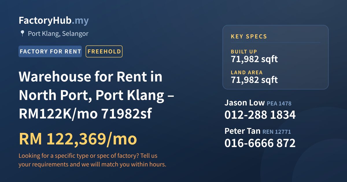 Factory For Rent - Warehouse for Rent in North Port, Port Klang – RM122K/mo 71982sf - Port Klang, Selangor