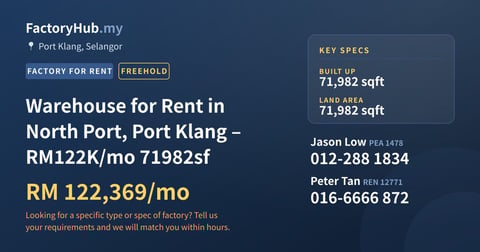 Factory For Rent - Warehouse for Rent in North Port, Port Klang – RM122K/mo 71982sf - Port Klang, Selangor
