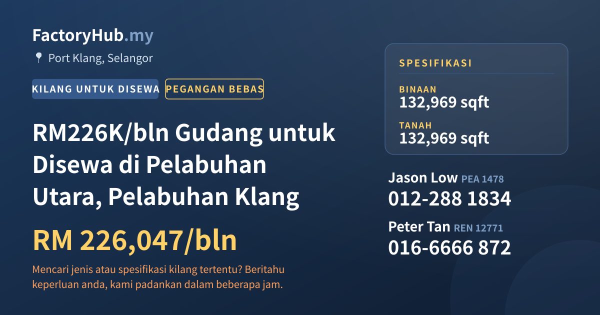 Kilang Untuk Disewa - RM226K/bln Gudang untuk Disewa di Pelabuhan Utara, Pelabuhan Klang - Port Klang, Selangor