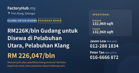 Kilang Untuk Disewa - RM226K/bln Gudang untuk Disewa di Pelabuhan Utara, Pelabuhan Klang - Port Klang, Selangor