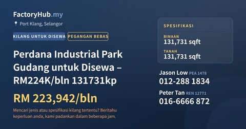 Kilang Untuk Disewa - Perdana Industrial Park Gudang untuk Disewa – RM224K/bln 131731kp - Port Klang, Selangor