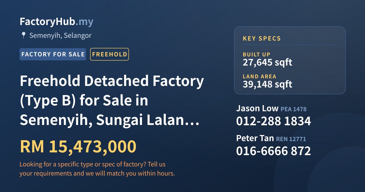 Factory For Sale - Freehold Detached Factory (Type B) for Sale in Semenyih, Sungai Lalang, Pusat Perindustrian Budiman - Semenyih, Selangor