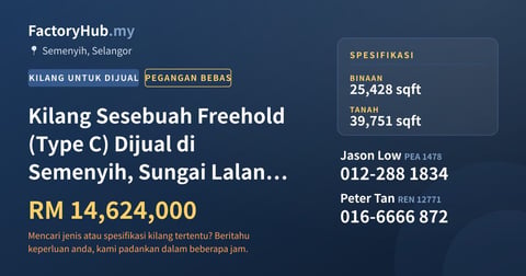 Kilang Untuk Dijual - Kilang Sesebuah Freehold (Type C) Dijual di Semenyih, Sungai Lalang, Pusat Perindustrian Budiman - Semenyih, Selangor