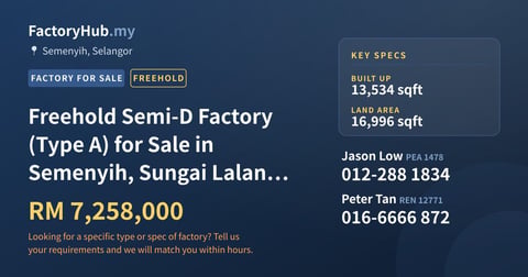 Factory For Sale - Freehold Semi-D Factory (Type A) for Sale in Semenyih, Sungai Lalang, Pusat Perindustrian Budiman - Semenyih, Selangor