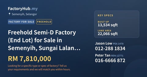 Factory For Sale - Freehold Semi-D Factory (End Lot) for Sale in Semenyih, Sungai Lalang, Pusat Perindustrian Budiman - Semenyih, Selangor