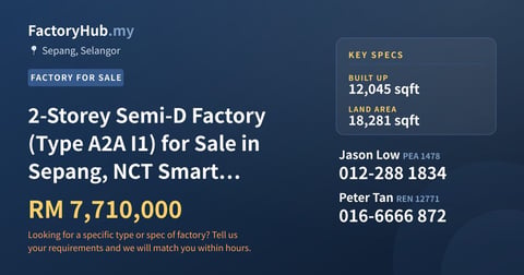 Factory For Sale - 2-Storey Semi-D Factory (Type A2A I1) for Sale in Sepang, NCT Smart Industrial Park - Sepang, Selangor