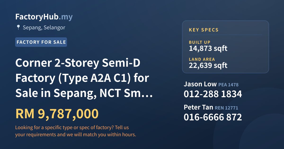 Factory For Sale - Corner 2-Storey Semi-D Factory (Type A2A C1) for Sale in Sepang, NCT Smart Industrial Park - Sepang, Selangor