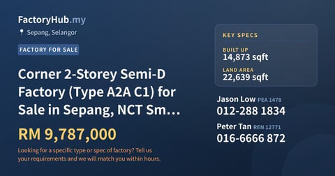 Factory For Sale - Corner 2-Storey Semi-D Factory (Type A2A C1) for Sale in Sepang, NCT Smart Industrial Park - Sepang, Selangor