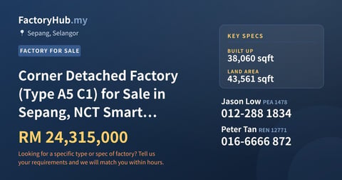 Factory For Sale - Corner Detached Factory (Type A5 C1) for Sale in Sepang, NCT Smart Industrial Park - Sepang, Selangor