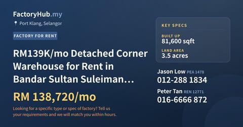 Factory For Rent - RM139K/mo Detached Corner Warehouse for Rent in Bandar Sultan Suleiman – 81600sf - Port Klang, Selangor