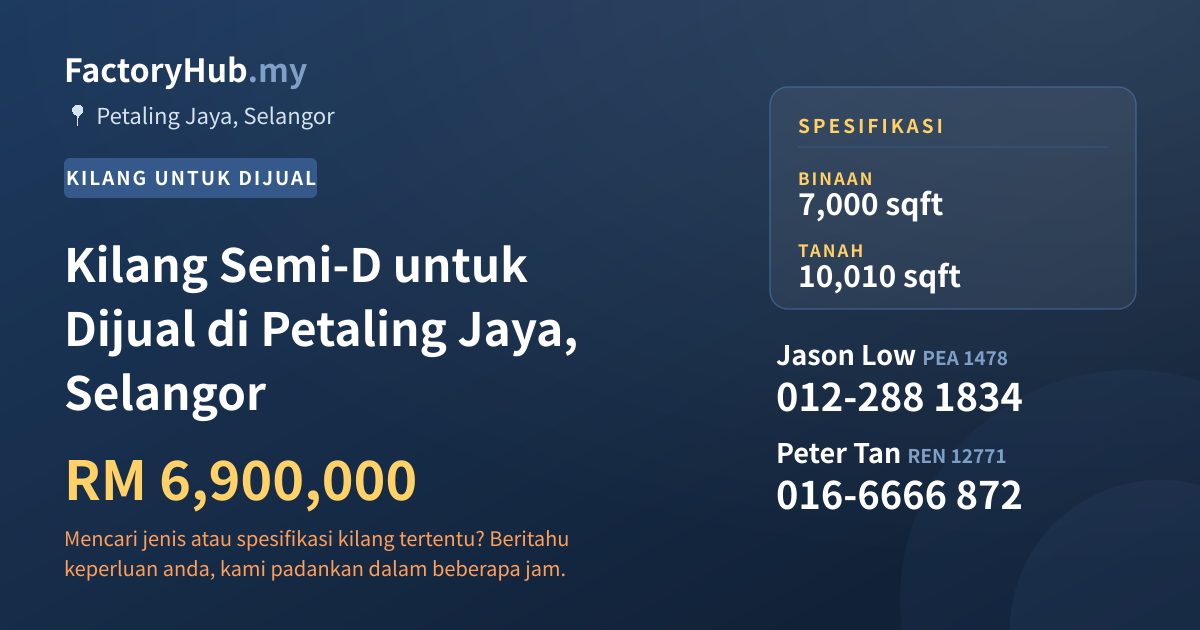 Kilang Untuk Dijual - Kilang Semi-D untuk Dijual di Petaling Jaya, Selangor - Petaling Jaya, Selangor