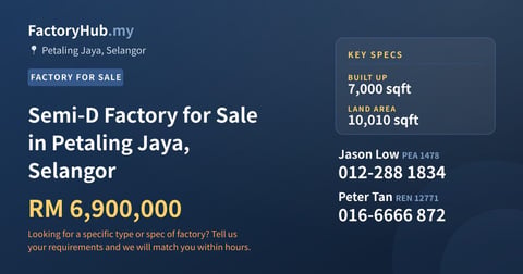 Factory For Sale - Semi-D Factory for Sale in Petaling Jaya, Selangor - Petaling Jaya, Selangor