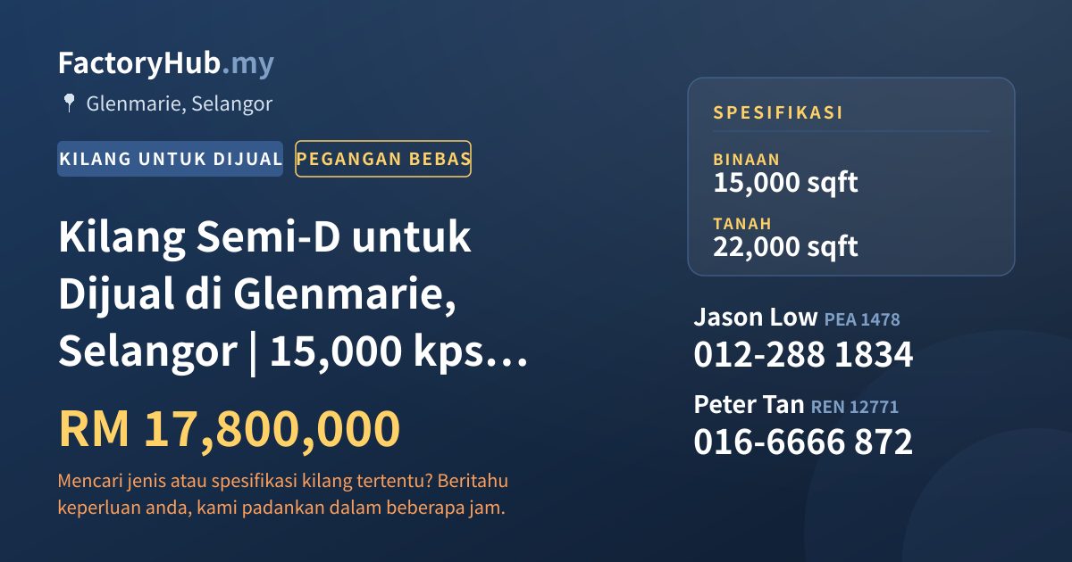 Kilang Untuk Dijual - Kilang Semi-D untuk Dijual di Glenmarie, Selangor | 15,000 kps Tanah Sendiri - Glenmarie, Selangor