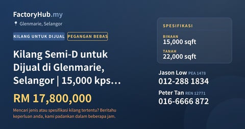 Kilang Untuk Dijual - Kilang Semi-D untuk Dijual di Glenmarie, Selangor | 15,000 kps Tanah Sendiri - Glenmarie, Selangor