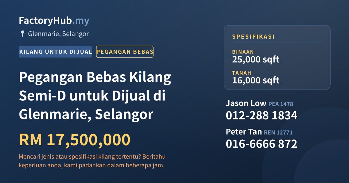 Kilang Untuk Dijual - Pegangan Bebas Kilang Semi-D untuk Dijual di Glenmarie, Selangor - Glenmarie, Selangor