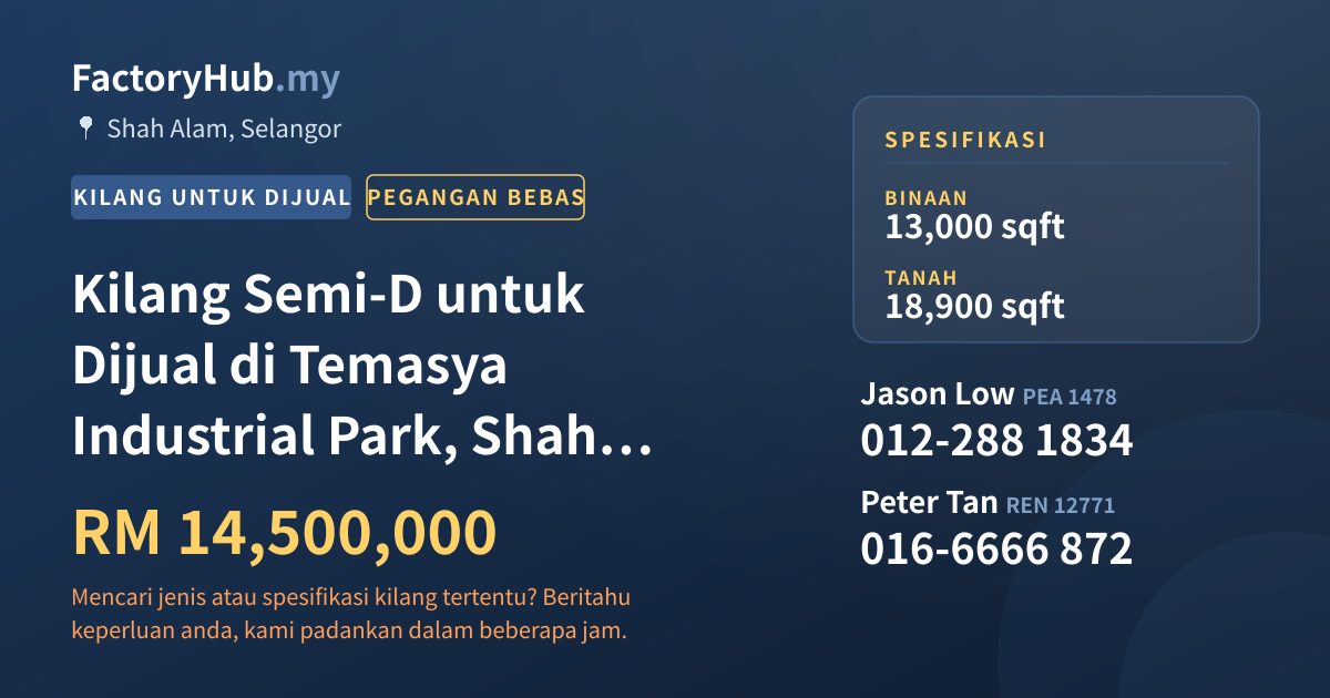 Kilang Untuk Dijual - Kilang Semi-D untuk Dijual di Temasya Industrial Park, Shah Alam - Shah Alam, Selangor