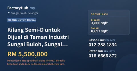 Kilang Untuk Dijual - Kilang Semi-D untuk Dijual di Taman Industri Sungai Buloh, Sungai Buloh - Sungai Buloh, Selangor