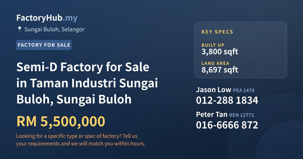 Factory For Sale - Semi-D Factory for Sale in Taman Industri Sungai Buloh, Sungai Buloh - Sungai Buloh, Selangor