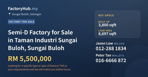 Factory For Sale - Semi-D Factory for Sale in Taman Industri Sungai Buloh, Sungai Buloh - Sungai Buloh, Selangor