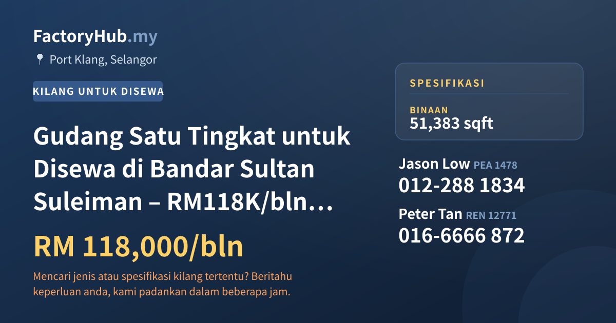 Kilang Untuk Disewa - Gudang Satu Tingkat untuk Disewa di Bandar Sultan Suleiman – RM118K/bln 51383kp - Port Klang, Selangor