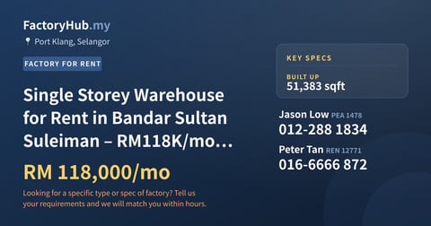 Factory For Rent - Single Storey Warehouse for Rent in Bandar Sultan Suleiman – RM118K/mo 51383sf - Port Klang, Selangor