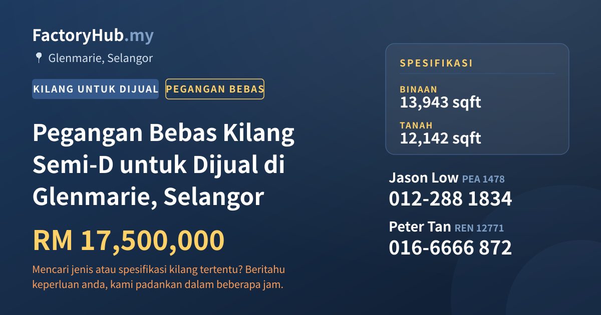 Kilang Untuk Dijual - Pegangan Bebas Kilang Semi-D untuk Dijual di Glenmarie, Selangor - Glenmarie, Selangor