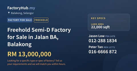 Factory For Sale - Freehold Semi-D Factory for Sale in Jalan BA, Balakong - Balakong, Selangor