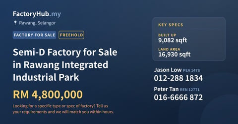 Factory For Sale - Semi-D Factory for Sale in Rawang Integrated Industrial Park - Rawang, Selangor