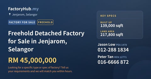 Factory For Sale - Freehold Detached Factory for Sale in Jenjarom, Selangor - Jenjarom, Selangor
