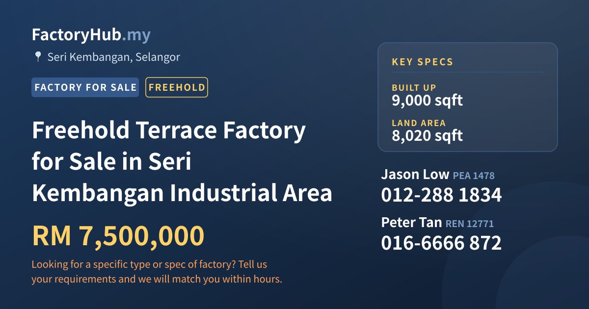 Factory For Sale - Freehold Terrace Factory for Sale in Seri Kembangan Industrial Area - Seri Kembangan, Selangor