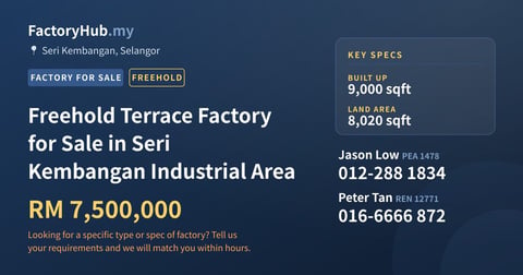 Factory For Sale - Freehold Terrace Factory for Sale in Seri Kembangan Industrial Area - Seri Kembangan, Selangor