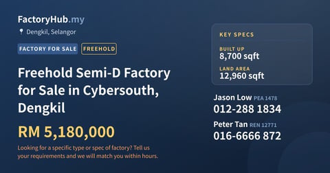 Factory For Sale - Freehold Semi-D Factory for Sale in Cybersouth, Dengkil - Dengkil, Selangor