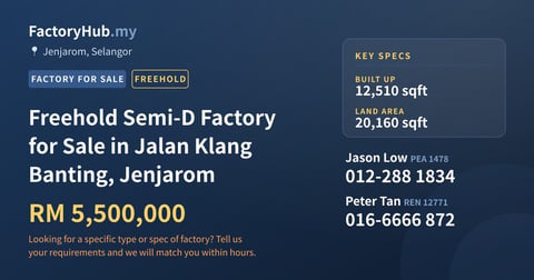 Factory For Sale - Freehold Semi-D Factory for Sale in Jalan Klang Banting, Jenjarom - Jenjarom, Selangor
