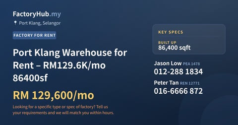 Factory For Rent - Port Klang Warehouse for Rent – RM129.6K/mo 86400sf - Port Klang, Selangor