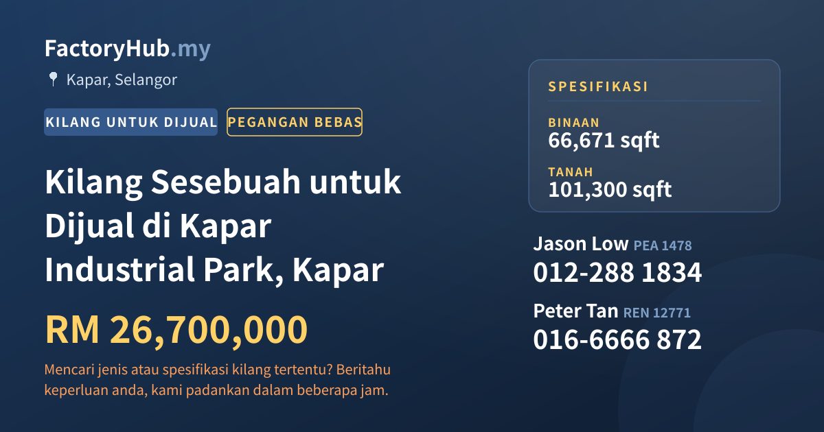 Kilang Untuk Dijual - Kilang Sesebuah untuk Dijual di Kapar Industrial Park, Kapar - Kapar, Selangor