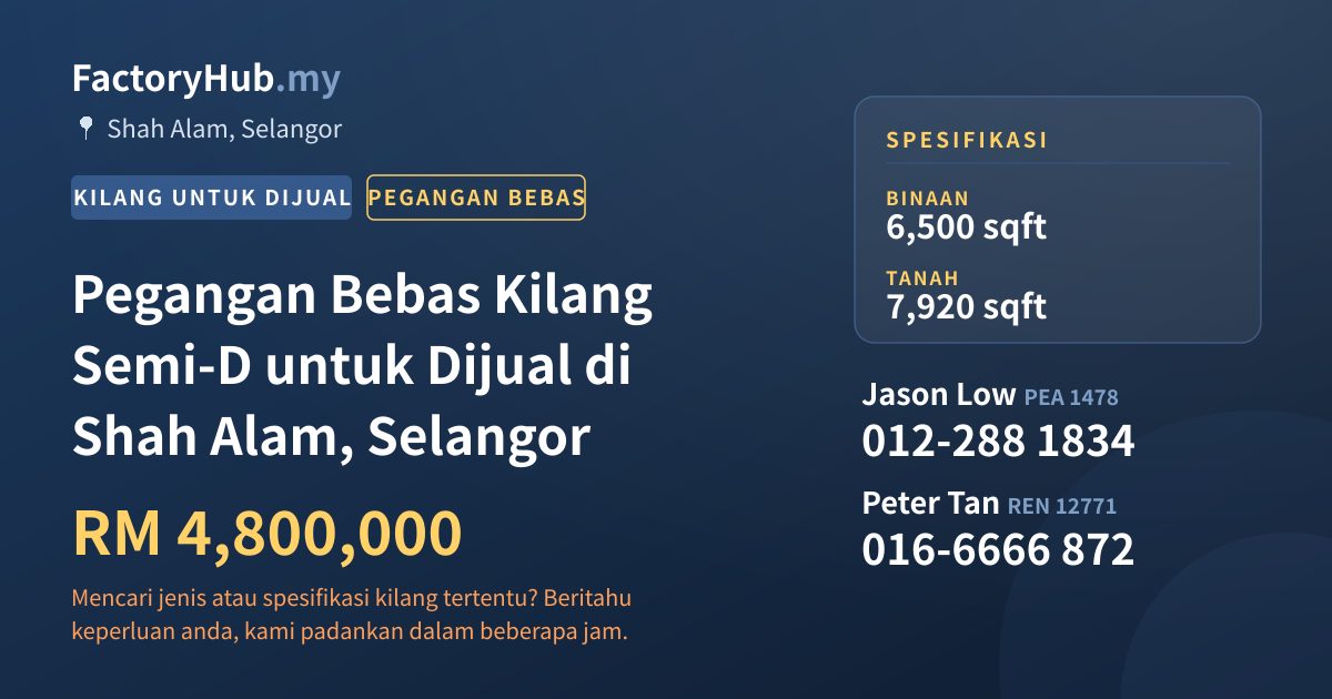 Kilang Untuk Dijual - Pegangan Bebas Kilang Semi-D untuk Dijual di Shah Alam, Selangor - Shah Alam, Selangor