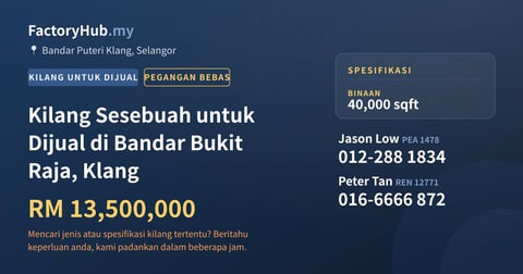 Kilang Untuk Dijual - Kilang Sesebuah untuk Dijual di Bandar Bukit Raja, Klang - Bandar Puteri Klang, Selangor