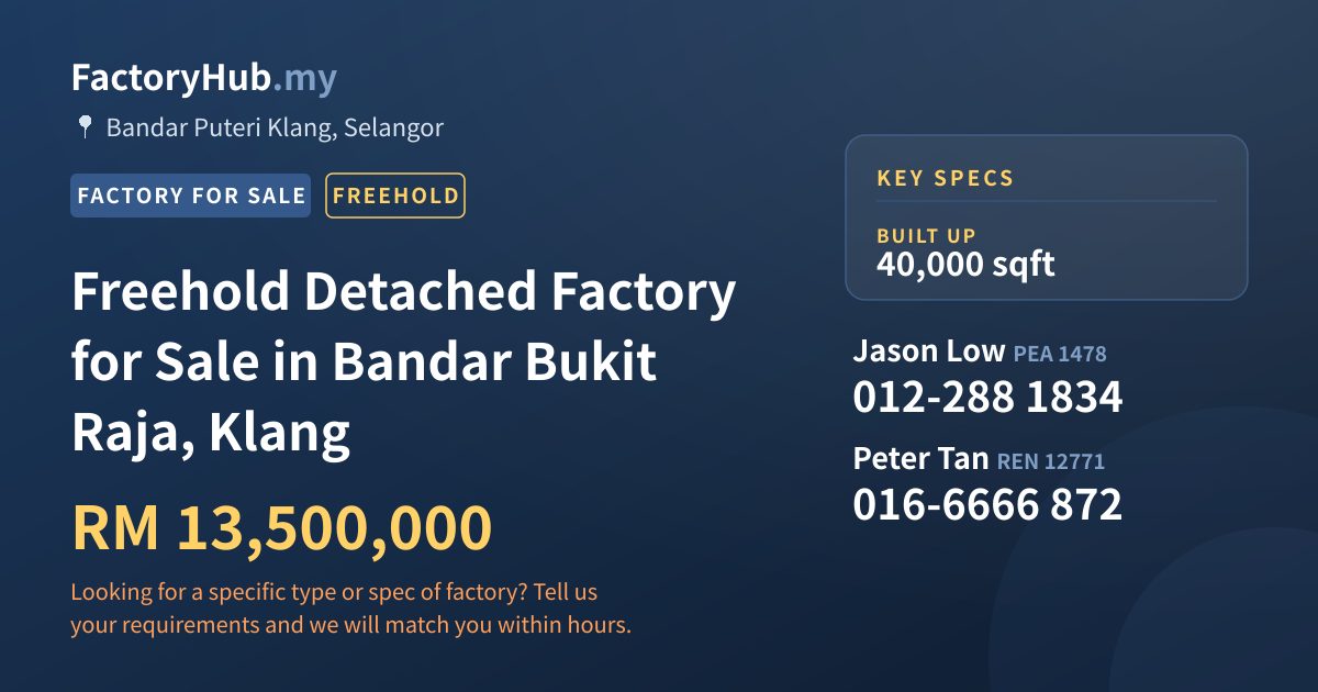 Factory For Sale - Freehold Detached Factory for Sale in Bandar Bukit Raja, Klang - Bandar Puteri Klang, Selangor