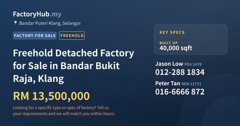 Factory For Sale - Freehold Detached Factory for Sale in Bandar Bukit Raja, Klang - Bandar Puteri Klang, Selangor