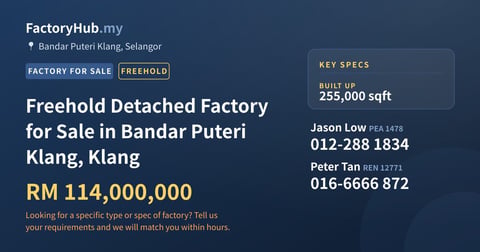 Factory For Sale - Freehold Detached Factory for Sale in Bandar Puteri Klang, Klang - Bandar Puteri Klang, Selangor