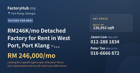 Factory For Rent - RM246K/mo Detached Factory for Rent in West Port, Port Klang – 136953sf - Port Klang, Selangor