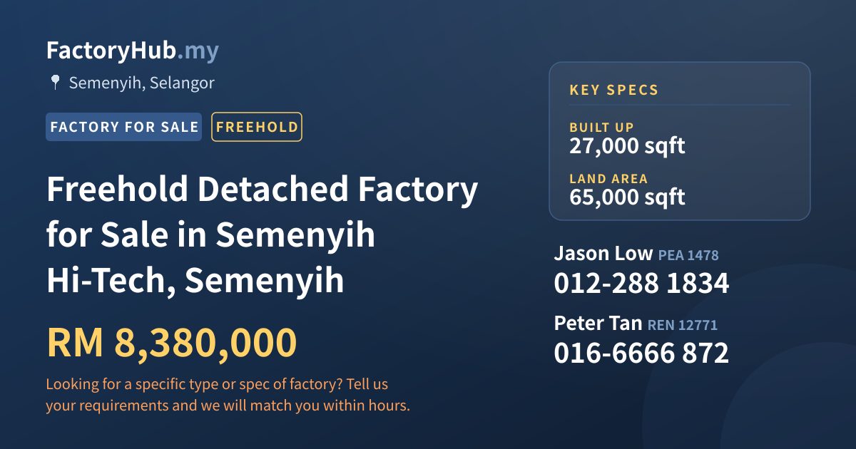 Factory For Sale - Freehold Detached Factory for Sale in Semenyih Hi-Tech, Semenyih - Semenyih, Selangor